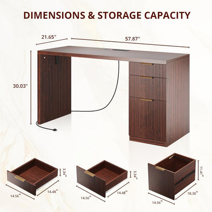FURSUN 58" Modern Executive Desk with Storage, Home Office Desk with Drawer & Cabinet, Wooden Fluted Desk for Study, Living Room, Bedroom (Dark Walnut)