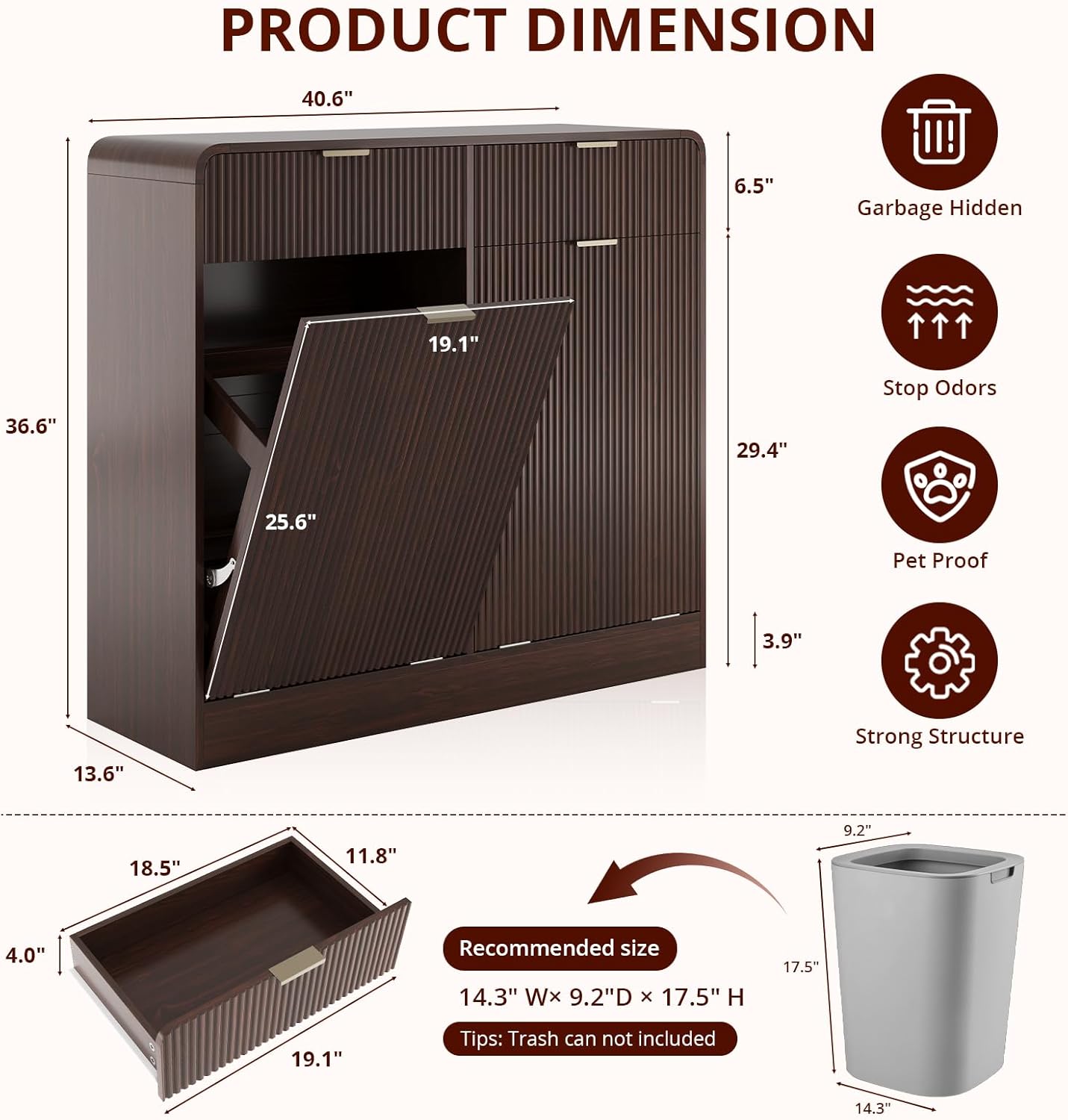 FURSUN 20 Gallons Tilt-Out Trash Can Cabinet, Fluted Laundry Hamper Cabinet with Drawers, Freestanding Pet Proof Hidden Garbage Recycling Cabinet for Kitchen, Living Room, Dark Walnut