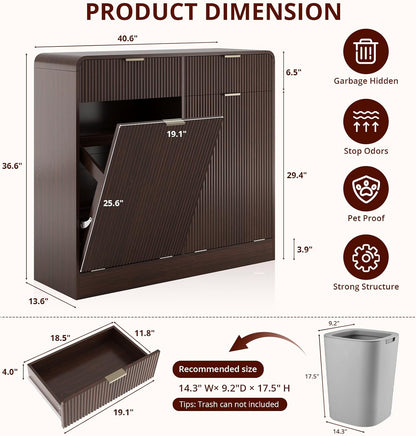 FURSUN 20 Gallons Tilt-Out Trash Can Cabinet, Fluted Laundry Hamper Cabinet with Drawers, Freestanding Pet Proof Hidden Garbage Recycling Cabinet for Kitchen, Living Room, Dark Walnut