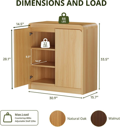FURSUN Modern Fluted Sideboard Buffet Cabinet with Storage, Curved Design Wood Coffee Bar Cabinet with 2 Doors & Adjustable Shelves for Kitchen, Dining Room, Living Room, Natural Oak