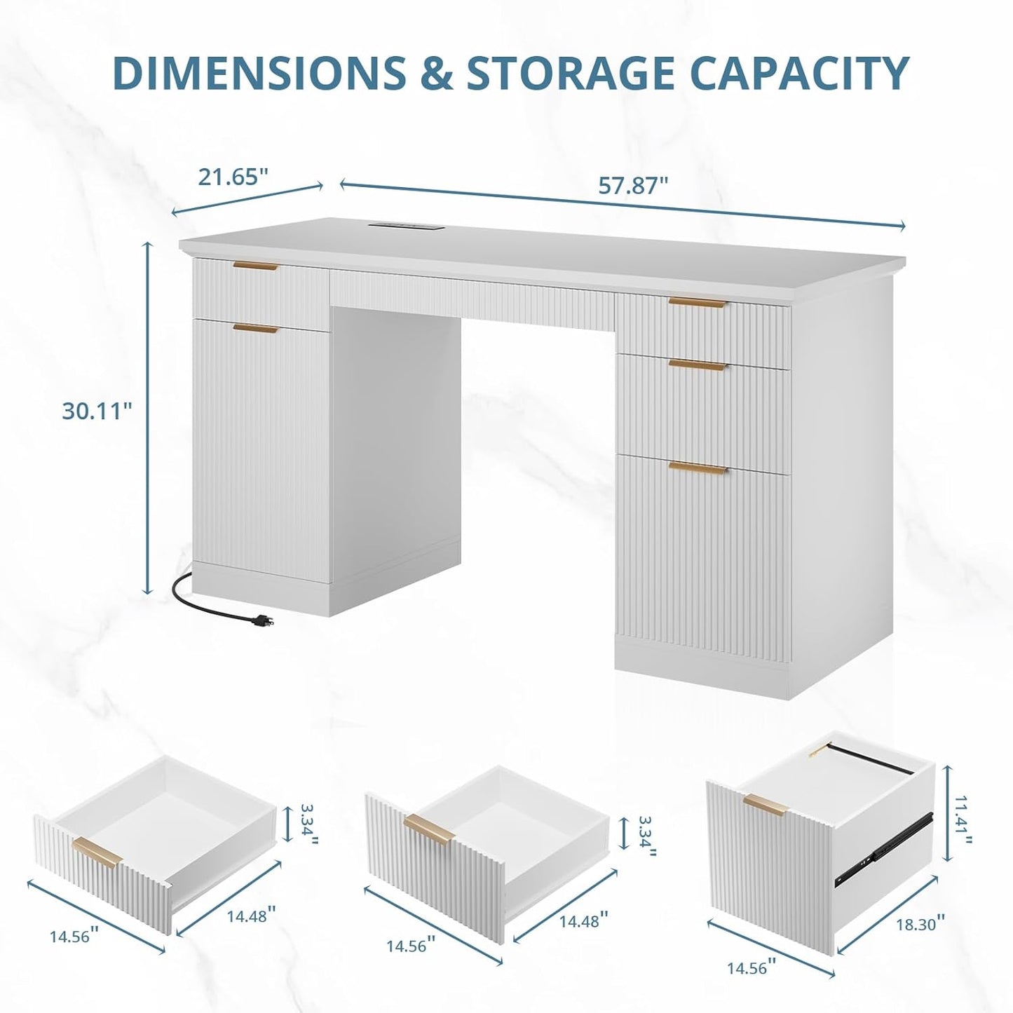 58" Fluted Modern Desk with Storage, Home Office Desk with 1 File Cabinet & 5 Drawers, Wood Executive Computer Writing Desk for Study, Living Room, Bedroom (White)