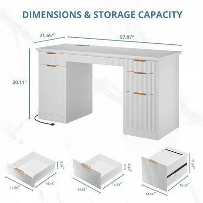 58" Fluted Modern Desk with Storage, Home Office Desk with 1 File Cabinet & 5 Drawers, Wood Executive Computer Writing Desk for Study, Living Room, Bedroom (White)
