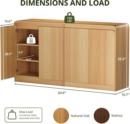 FURSUN 61" Modern Fluted Sideboard Buffet Cabinet with Storage, Curved Design Wood Coffee Bar Cabinet with 4 Doors & Adjustable Shelves for Kitchen, Dining Room, or Living Room, Natural Oak
