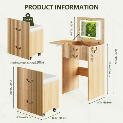 FURSUN 3-in-1 Vanity with Flip Mirror & Lights, Fluted Compact Vanity Table with 3 Drawers, Storage Compartment and Rolling Stool, Modern Small Makeup Vanity for Bedroom, Powder Room, Natural Oak