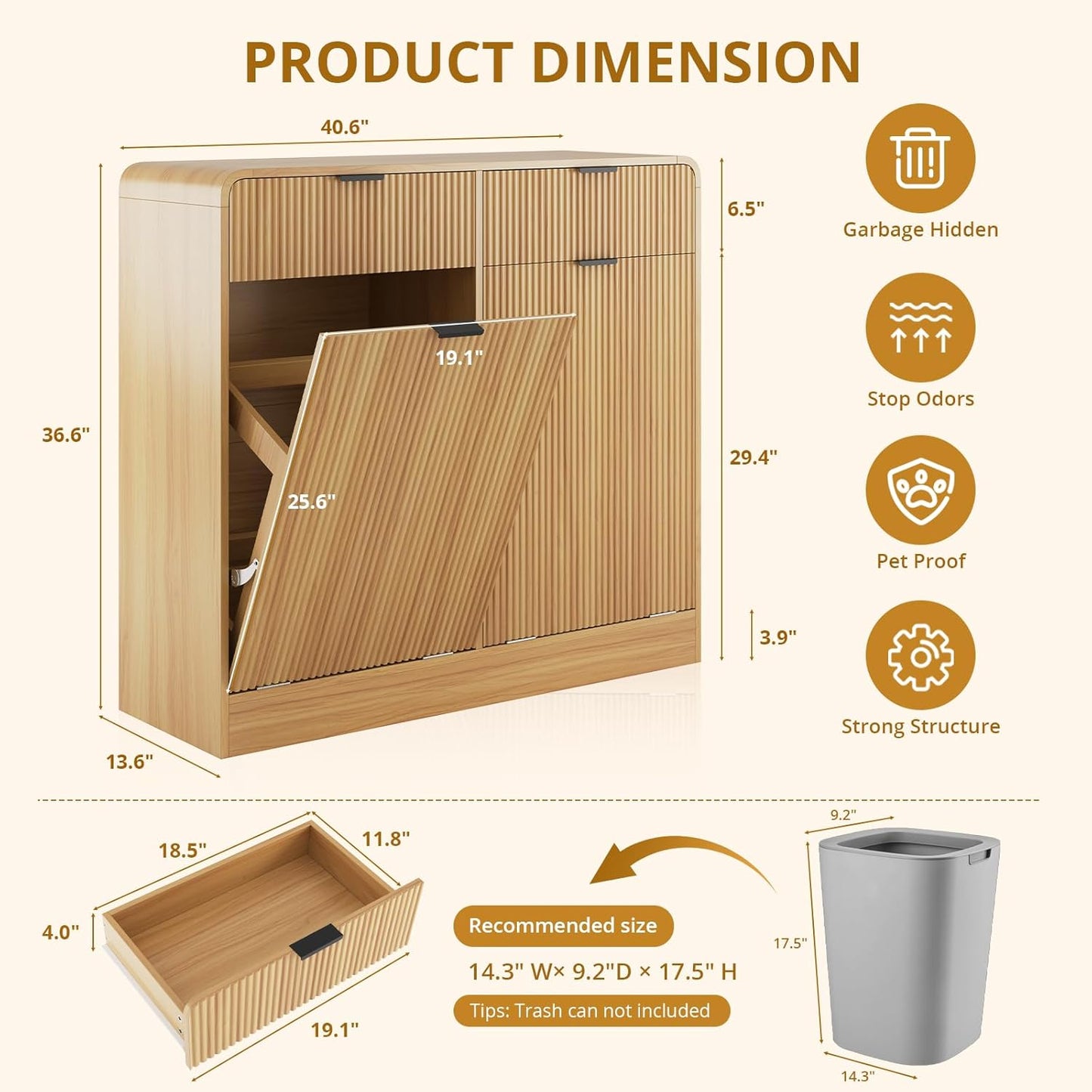 FURSUN 20 Gallons Tilt-Out Trash Can Cabinet, Fluted Laundry Hamper Cabinet with Drawers, Freestanding Pet Proof Hidden Garbage Recycling Cabinet for Kitchen, Living Room, Natural Oak