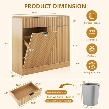FURSUN 20 Gallons Tilt-Out Trash Can Cabinet, Fluted Laundry Hamper Cabinet with Drawers, Freestanding Pet Proof Hidden Garbage Recycling Cabinet for Kitchen, Living Room, Natural Oak