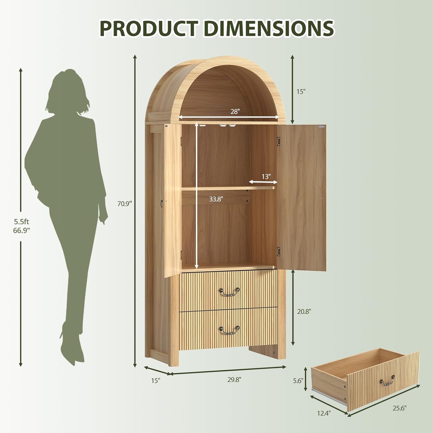 71" Tall Fluted Arched Cabinet with Doors, Wood Pantry Storage Cabinet with 2 Large Drawers, Modern Versatile Bookcase for Living Room, Kitchen, Dining (Natural Oak)