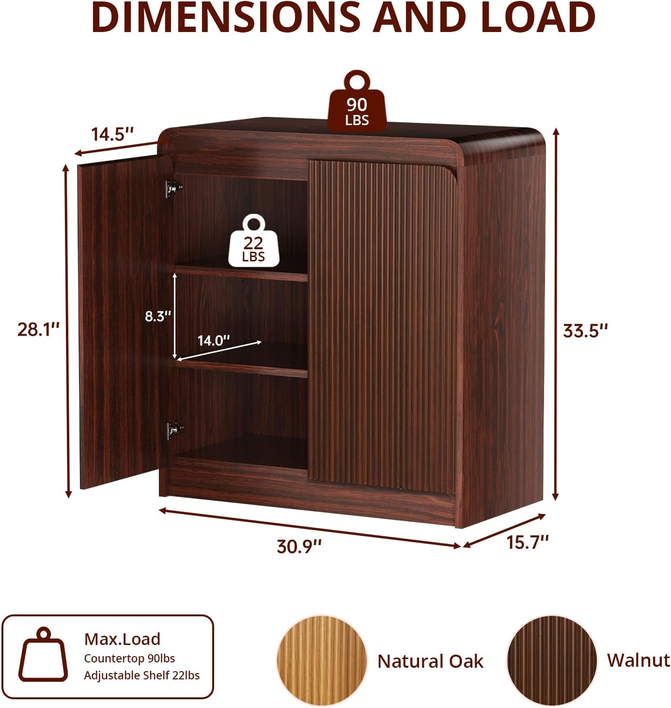 FURSUN Modern Fluted Sideboard Buffet Cabinet with Storage, Curved Design Wood Coffee Bar Cabinet with 2 Doors & Adjustable Shelves for Kitchen, Dining Room, Living Room, Dark Walnut