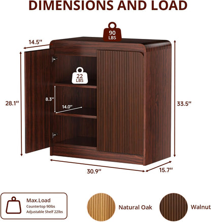 FURSUN Modern Fluted Sideboard Buffet Cabinet with Storage, Curved Design Wood Coffee Bar Cabinet with 2 Doors & Adjustable Shelves for Kitchen, Dining Room, Living Room, Dark Walnut