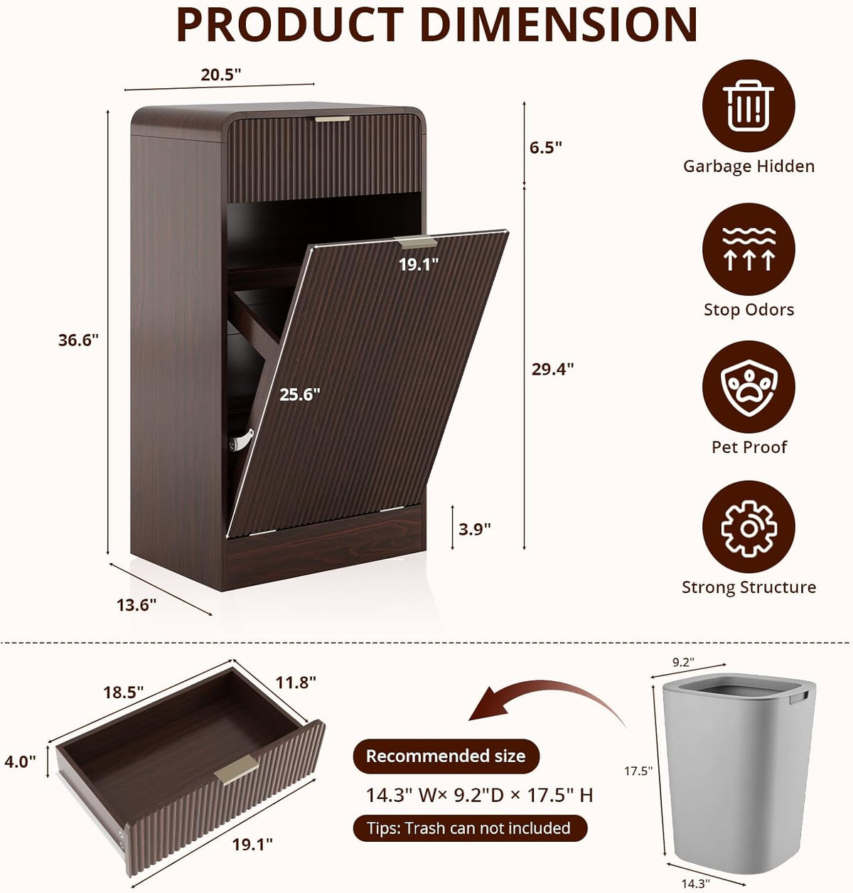 FURSUN 10 Gallons Tilt-Out Trash Can Cabinet, Fluted Laundry Hamper Cabinet with Drawers, Freestanding Pet Proof Hidden Garbage Recycling Cabinet for Kitchen, Living Room, Dark Walnut