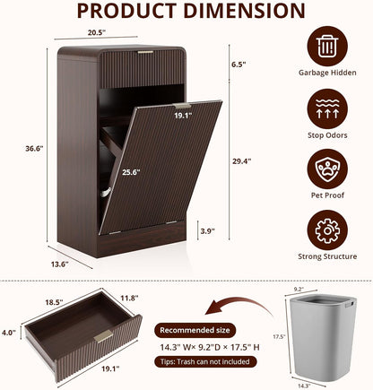FURSUN 10 Gallons Tilt-Out Trash Can Cabinet, Fluted Laundry Hamper Cabinet with Drawers, Freestanding Pet Proof Hidden Garbage Recycling Cabinet for Kitchen, Living Room, Dark Walnut