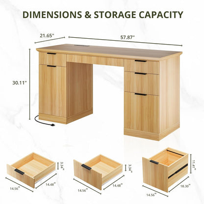 58" Fluted Modern Desk with Storage, Home Office Desk with 1 File Cabinet & 5 Drawers, Wood Executive Computer Writing Desk for Study, Living Room, Bedroom (Natural Oak)