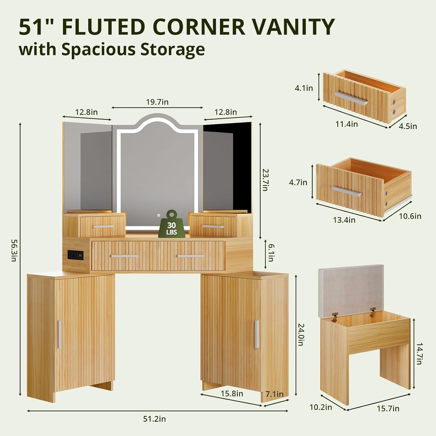 FURSUN Fluted Makeup Vanity Desk with HD 3 Way Mirror and Lights, 51" Large Corner Vanity Table with Charging Station, Dressing Table with 4 Drawers & 2 Storage Cabinets for Bedroom, Natural Oak