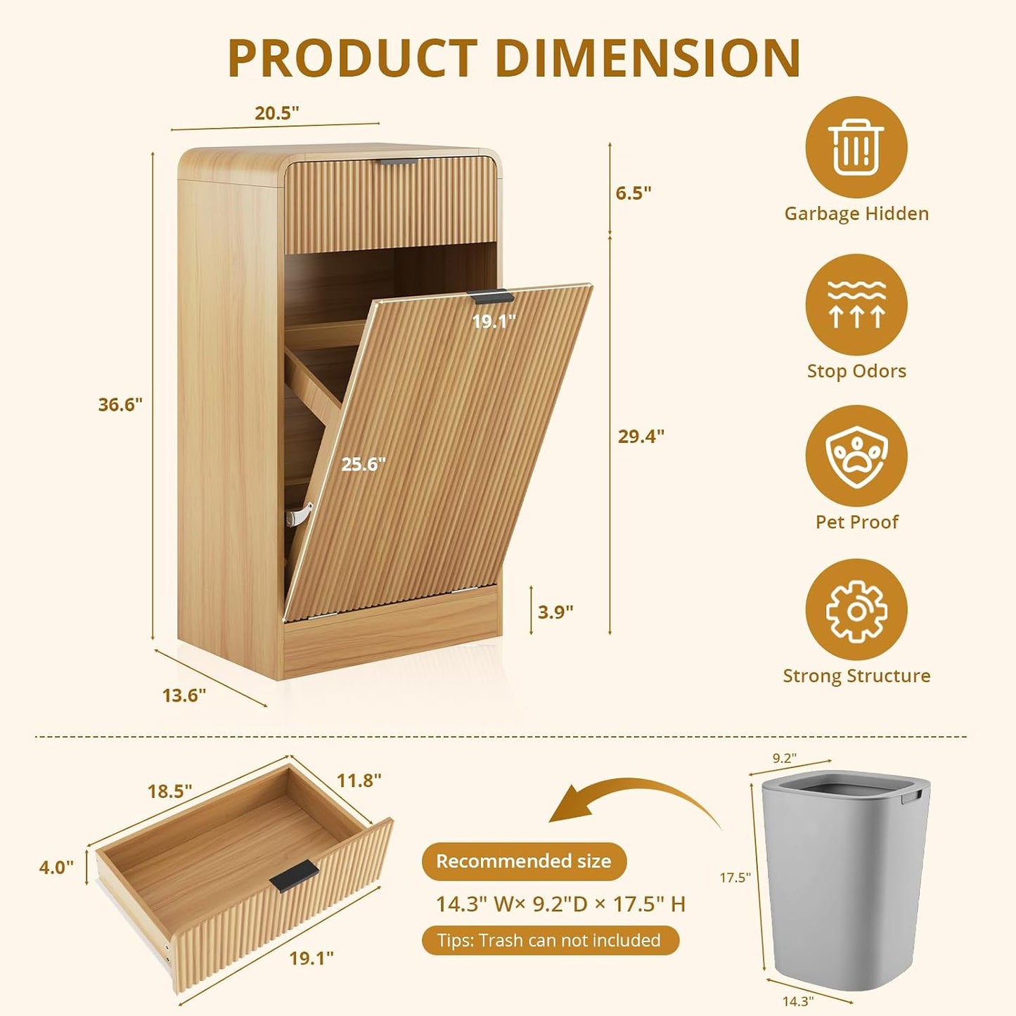 FURSUN 10 Gallons Tilt-Out Trash Can Cabinet, Fluted Laundry Hamper Cabinet with Drawers, Freestanding Pet Proof Hidden Garbage Recycling Cabinet for Kitchen, Living Room, Natural Oak
