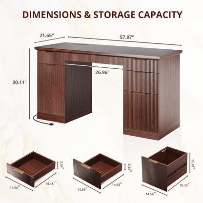 58" Fluted Modern Desk with Storage, Home Office Desk with 1 File Cabinet & 5 Drawers, Wood Executive Computer Writing Desk for Study, Living Room, Bedroom (Dark Walnut)
