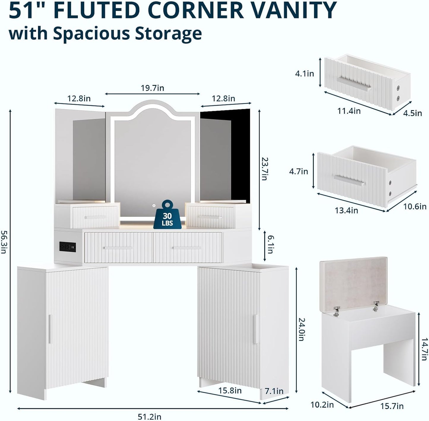 FURSUN Fluted Makeup Vanity Desk with HD 3 Way Mirror and Lights, 51" Large Corner Vanity Table with Charging Station, Dressing Table with 4 Drawers & 2 Storage Cabinets for Bedroom, White