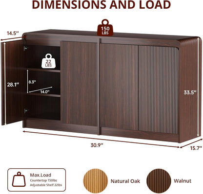 FURSUN 61" Modern Fluted Sideboard Buffet Cabinet with Storage, Curved Design Wood Coffee Bar Cabinet with 4 Doors & Adjustable Shelves for Kitchen, Dining Room, or Living Room, Dark Walnut