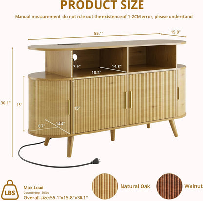 FURSUN 55" Large Round Record Player Stand, Record Storage Cabinet Holds Up 300 Albums with Charging Station & USB Ports, Fluted Modern Turntable Stand for Bedroom, Living Room, Natural Oak