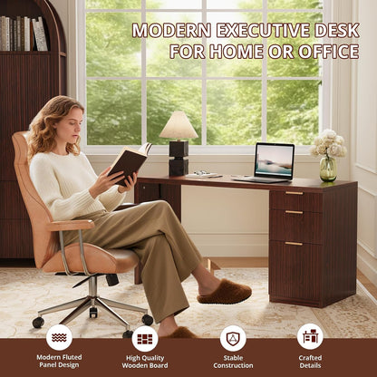 FURSUN 58" Modern Executive Desk with Storage, Home Office Desk with Drawer & Cabinet, Wooden Fluted Desk for Study, Living Room, Bedroom (Dark Walnut)