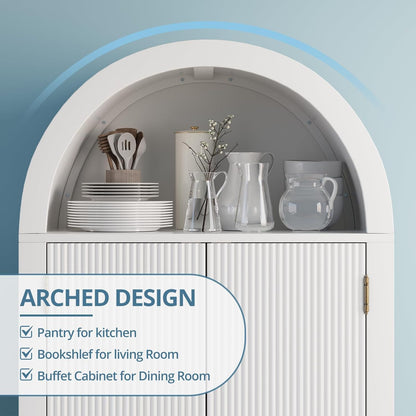 71" Tall Fluted Arched Cabinet with Doors, Wood Pantry Storage Cabinet with 2 Large Drawers, Modern Versatile Bookcase for Living Room, Kitchen, Dining (White)