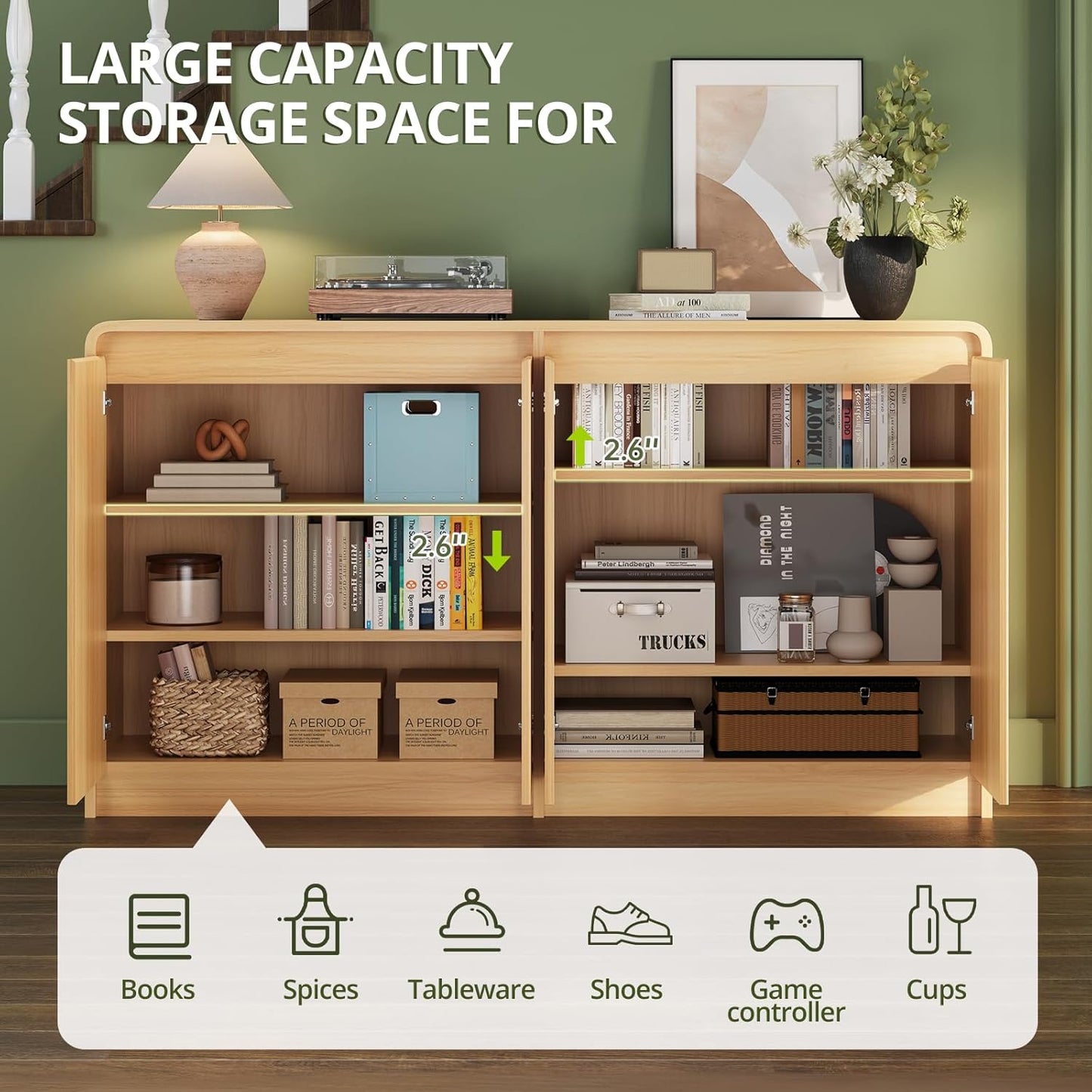 FURSUN 61" Modern Fluted Sideboard Buffet Cabinet with Storage, Curved Design Wood Coffee Bar Cabinet with 4 Doors & Adjustable Shelves for Kitchen, Dining Room, or Living Room, Natural Oak