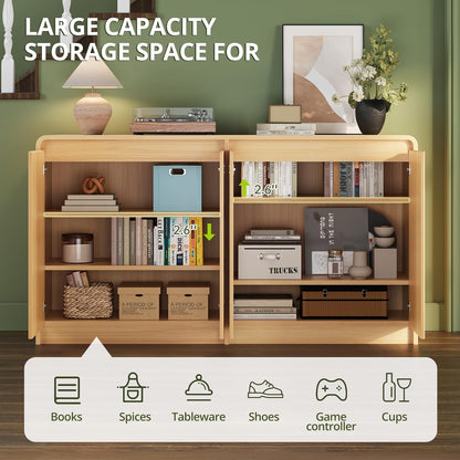 FURSUN 61" Modern Fluted Sideboard Buffet Cabinet with Storage, Curved Design Wood Coffee Bar Cabinet with 4 Doors & Adjustable Shelves for Kitchen, Dining Room, or Living Room, Natural Oak