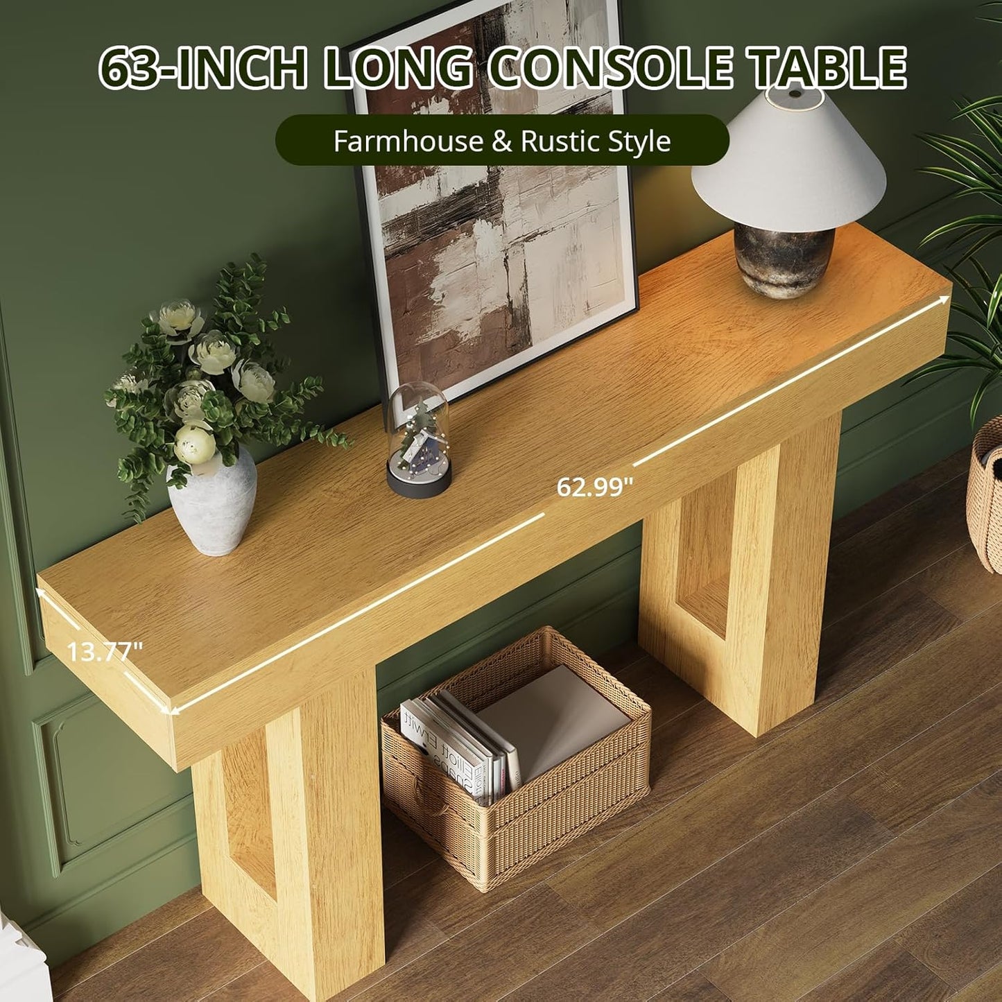 FURSUN 63-Inch Long Console Table with Storage, Wooden Narrow Sofa Table Behind Couch, Farmhouse Foyer Hallway Table for Living Room, Entrance (Natural Oak)