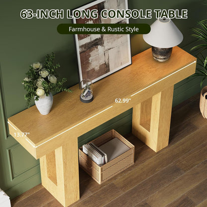 FURSUN 63-Inch Long Console Table with Storage, Wooden Narrow Sofa Table Behind Couch, Farmhouse Foyer Hallway Table for Living Room, Entrance (Natural Oak)