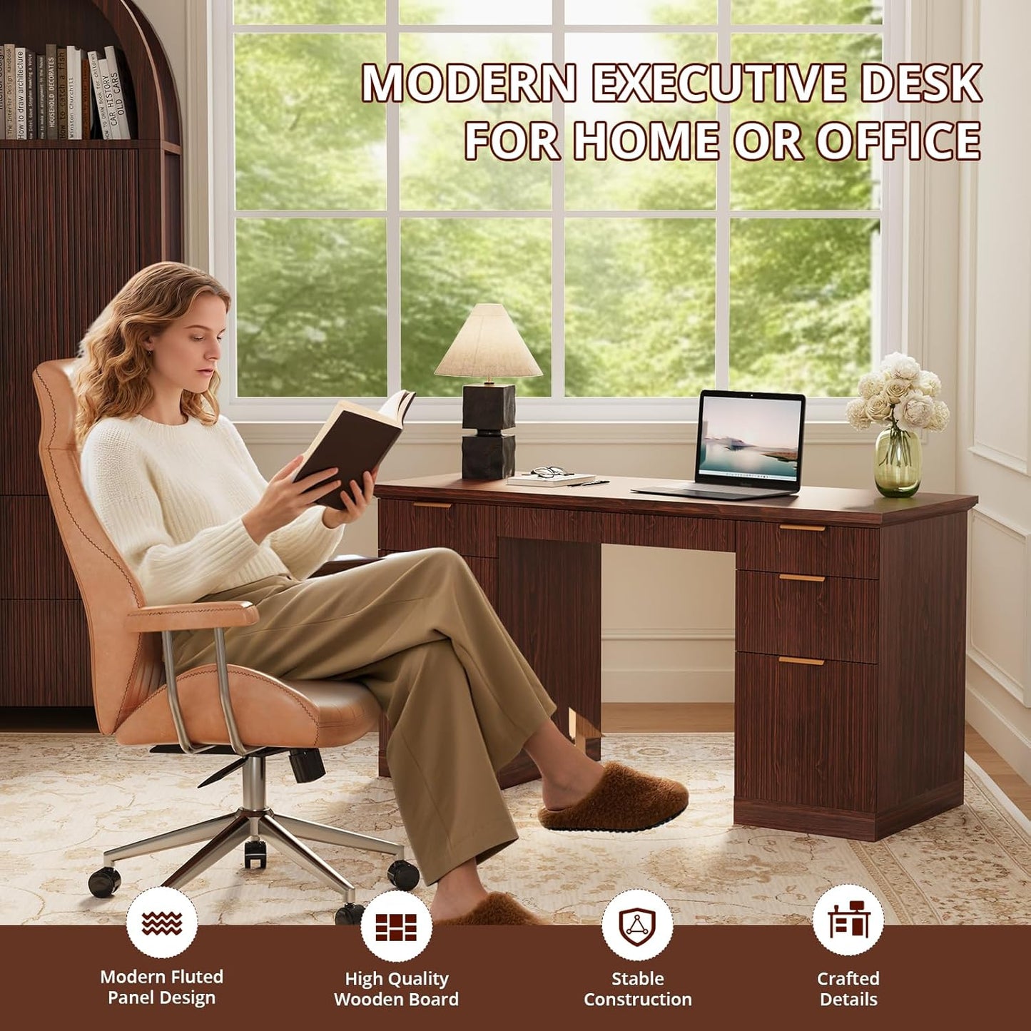 58" Fluted Modern Desk with Storage, Home Office Desk with 1 File Cabinet & 5 Drawers, Wood Executive Computer Writing Desk for Study, Living Room, Bedroom (Dark Walnut)