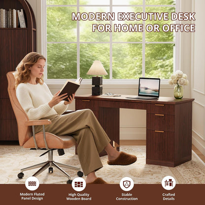 58" Fluted Modern Desk with Storage, Home Office Desk with 1 File Cabinet & 5 Drawers, Wood Executive Computer Writing Desk for Study, Living Room, Bedroom (Dark Walnut)