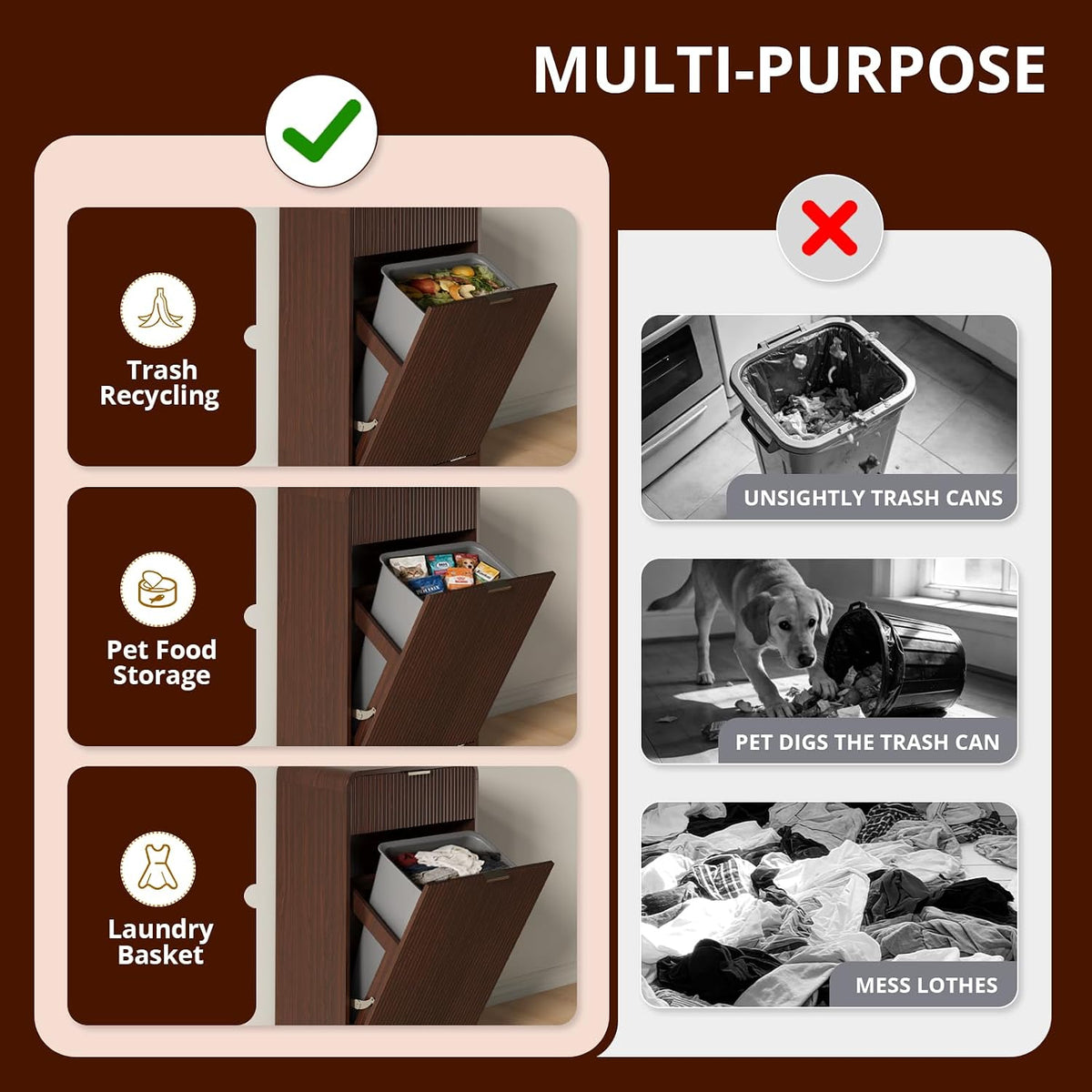 FURSUN 10 Gallons Tilt-Out Trash Can Cabinet, Fluted Laundry Hamper Cabinet with Drawers, Freestanding Pet Proof Hidden Garbage Recycling Cabinet for Kitchen, Living Room, Dark Walnut