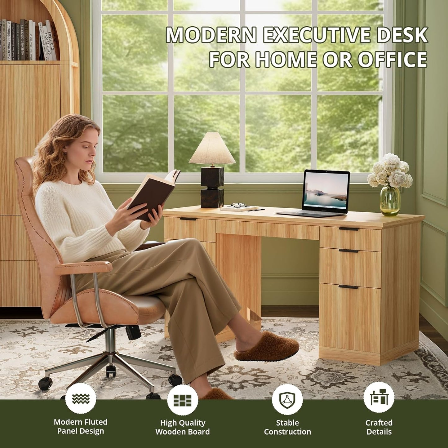 58" Fluted Modern Desk with Storage, Home Office Desk with 1 File Cabinet & 5 Drawers, Wood Executive Computer Writing Desk for Study, Living Room, Bedroom (Natural Oak)