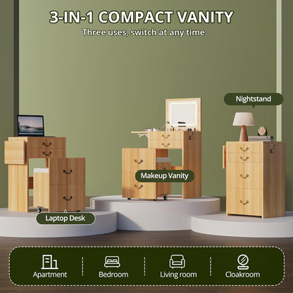 FURSUN 3-in-1 Vanity with Flip Mirror & Lights, Fluted Compact Vanity Table with 3 Drawers, Storage Compartment and Rolling Stool, Modern Small Makeup Vanity for Bedroom, Powder Room, Natural Oak