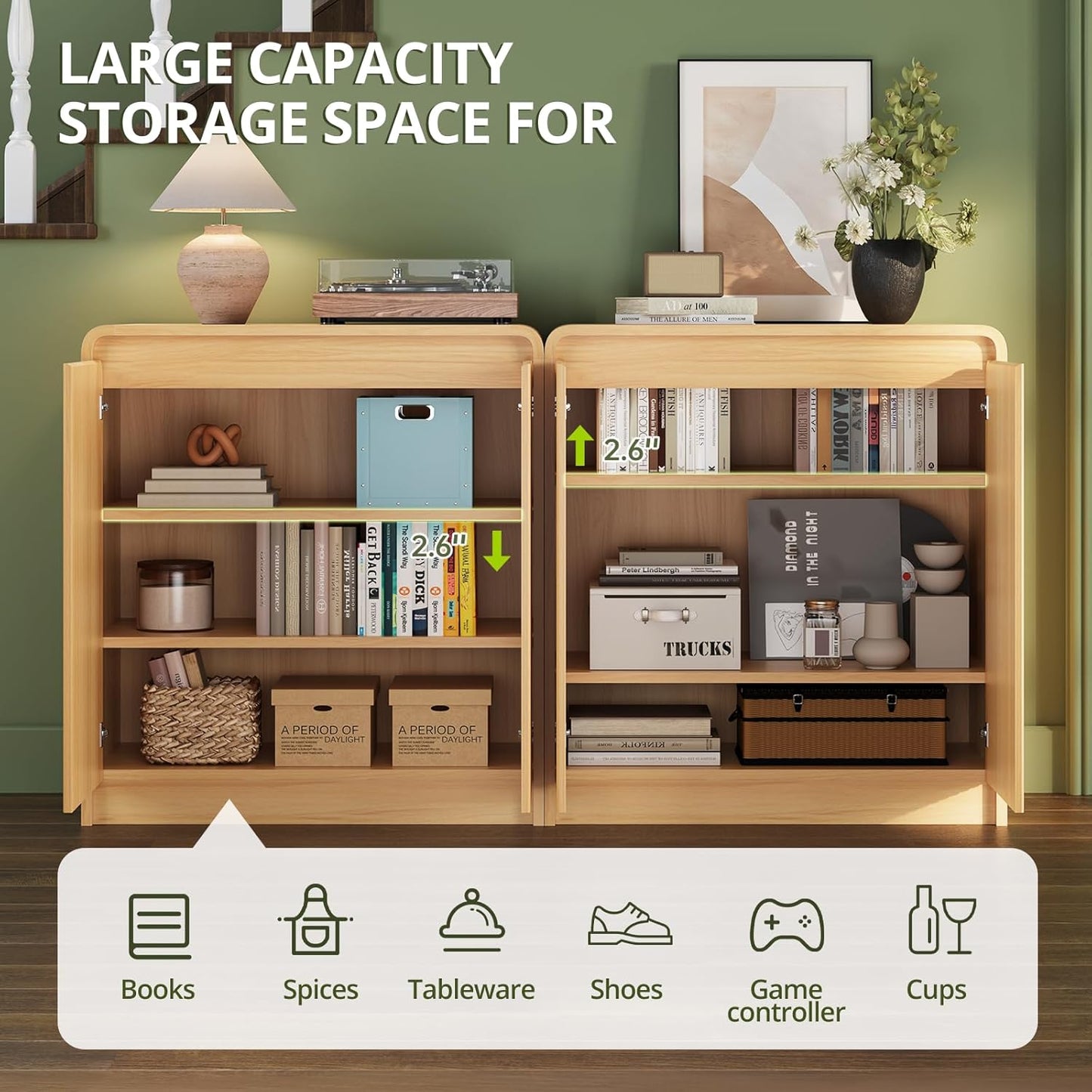 FURSUN Modern Fluted Sideboard Buffet Cabinet with Storage, Curved Design Wood Coffee Bar Cabinet with 2 Doors & Adjustable Shelves for Kitchen, Dining Room, Living Room, Natural Oak