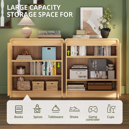 FURSUN Modern Fluted Sideboard Buffet Cabinet with Storage, Curved Design Wood Coffee Bar Cabinet with 2 Doors & Adjustable Shelves for Kitchen, Dining Room, Living Room, Natural Oak