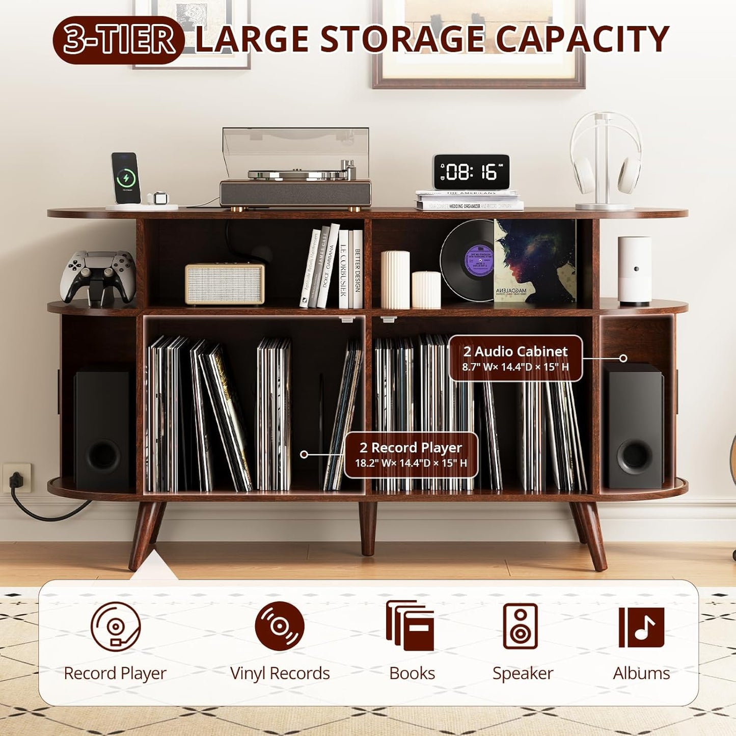 FURSUN 55" Large Round Record Player Stand, Record Storage Cabinet Holds Up 300 Albums with Charging Station & USB Ports, Fluted Modern Turntable Stand for Bedroom, Living Room, Dark Walnut