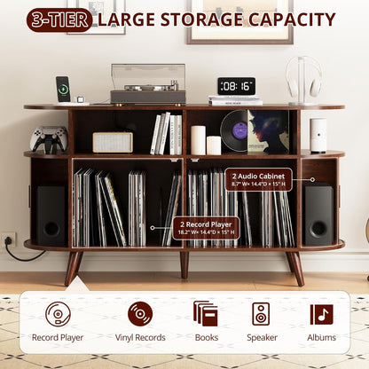 FURSUN 55" Large Round Record Player Stand, Record Storage Cabinet Holds Up 300 Albums with Charging Station & USB Ports, Fluted Modern Turntable Stand for Bedroom, Living Room, Dark Walnut
