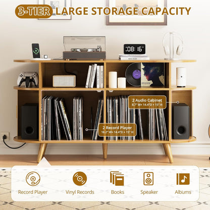 FURSUN 55" Large Round Record Player Stand, Record Storage Cabinet Holds Up 300 Albums with Charging Station & USB Ports, Fluted Modern Turntable Stand for Bedroom, Living Room, Natural Oak