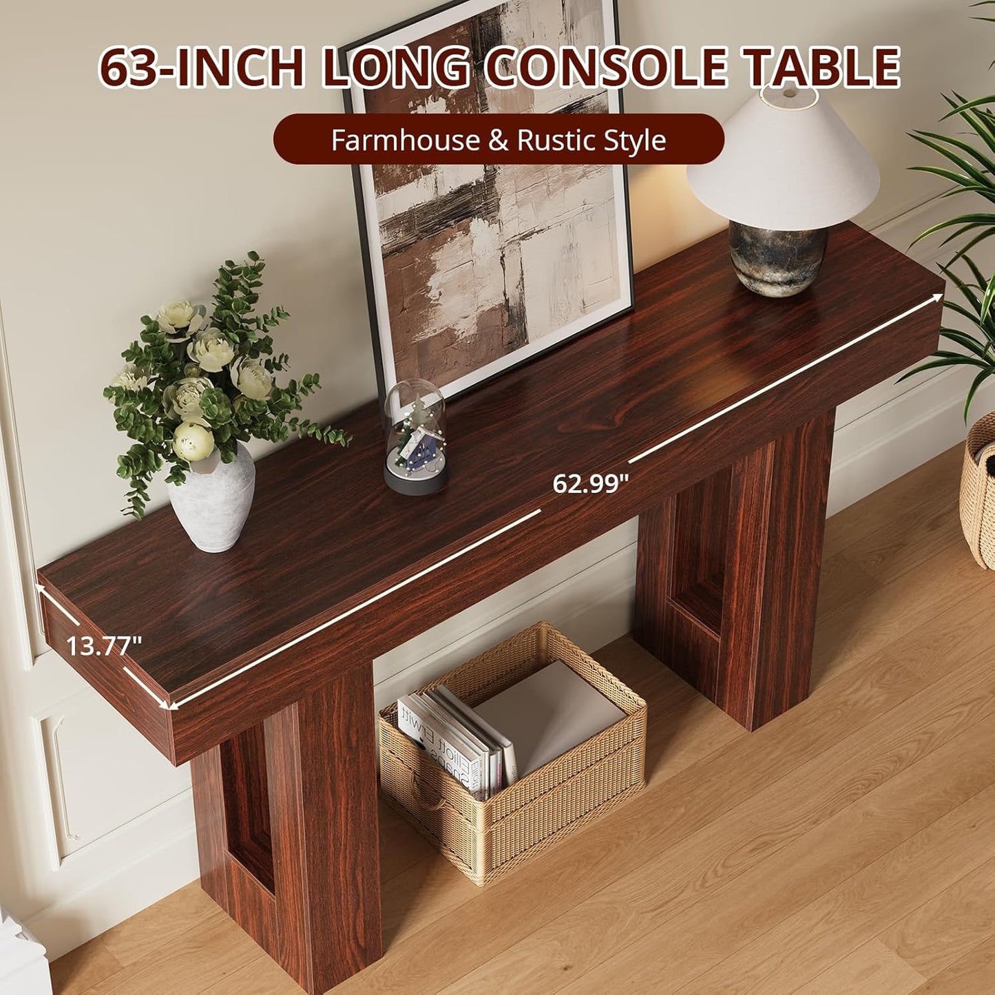 FURSUN 63-Inch Long Console Table with Storage, Wooden Narrow Sofa Table Behind Couch, Farmhouse Foyer Hallway Table for Living Room, Entrance (Dark Walnut)
