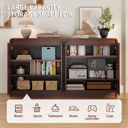 FURSUN Modern Fluted Sideboard Buffet Cabinet with Storage, Curved Design Wood Coffee Bar Cabinet with 2 Doors & Adjustable Shelves for Kitchen, Dining Room, Living Room, Dark Walnut