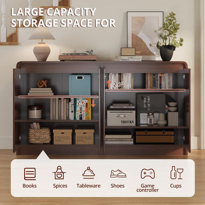 FURSUN 61" Modern Fluted Sideboard Buffet Cabinet with Storage, Curved Design Wood Coffee Bar Cabinet with 4 Doors & Adjustable Shelves for Kitchen, Dining Room, or Living Room, Dark Walnut