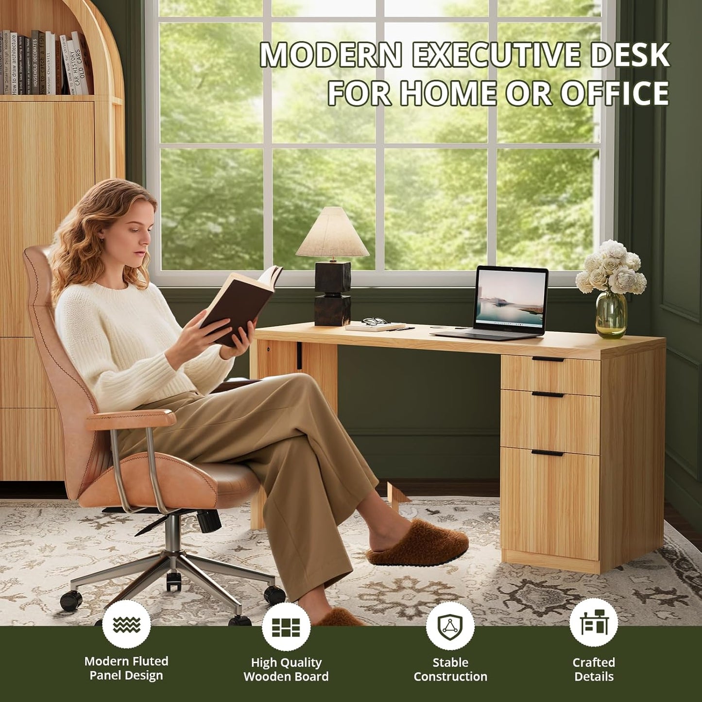 FURSUN 58" Modern Executive Desk with Storage, Home Office Desk with Drawer & Cabinet, Wooden Fluted Desk for Study, Living Room, Bedroom (Natural Oak)