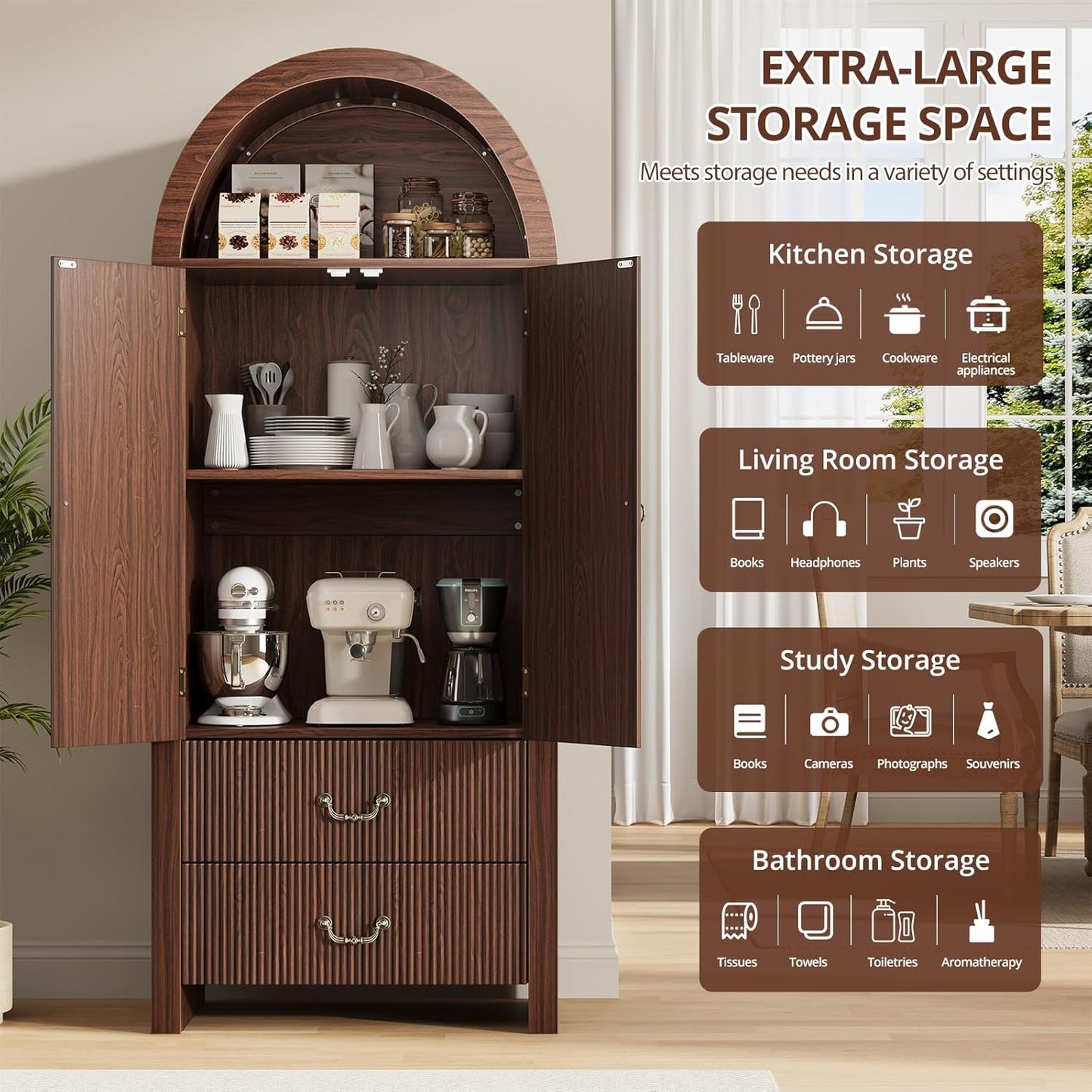 71" Tall Fluted Arched Cabinet with Doors, Wood Pantry Storage Cabinet with 2 Large Drawers, Modern Versatile Bookcase for Living Room, Kitchen, Dining (Dark Walnut)