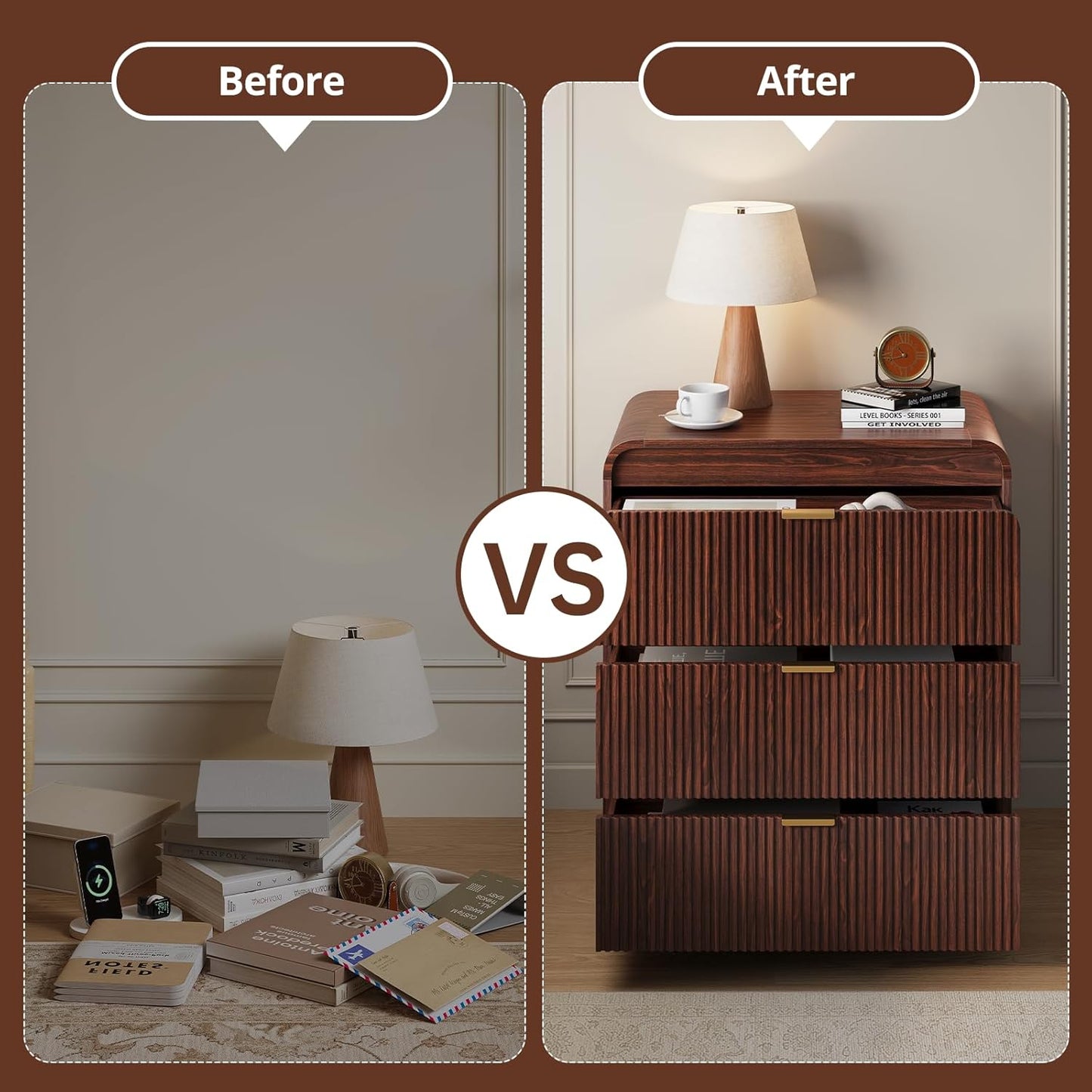 FURSUN 32" Tall Fluted Nightstand, 3 Drawers Wooden End Table w/Storage, Curved Profile Design, Modern Bedside Table for Bedroom, Dark Walnut