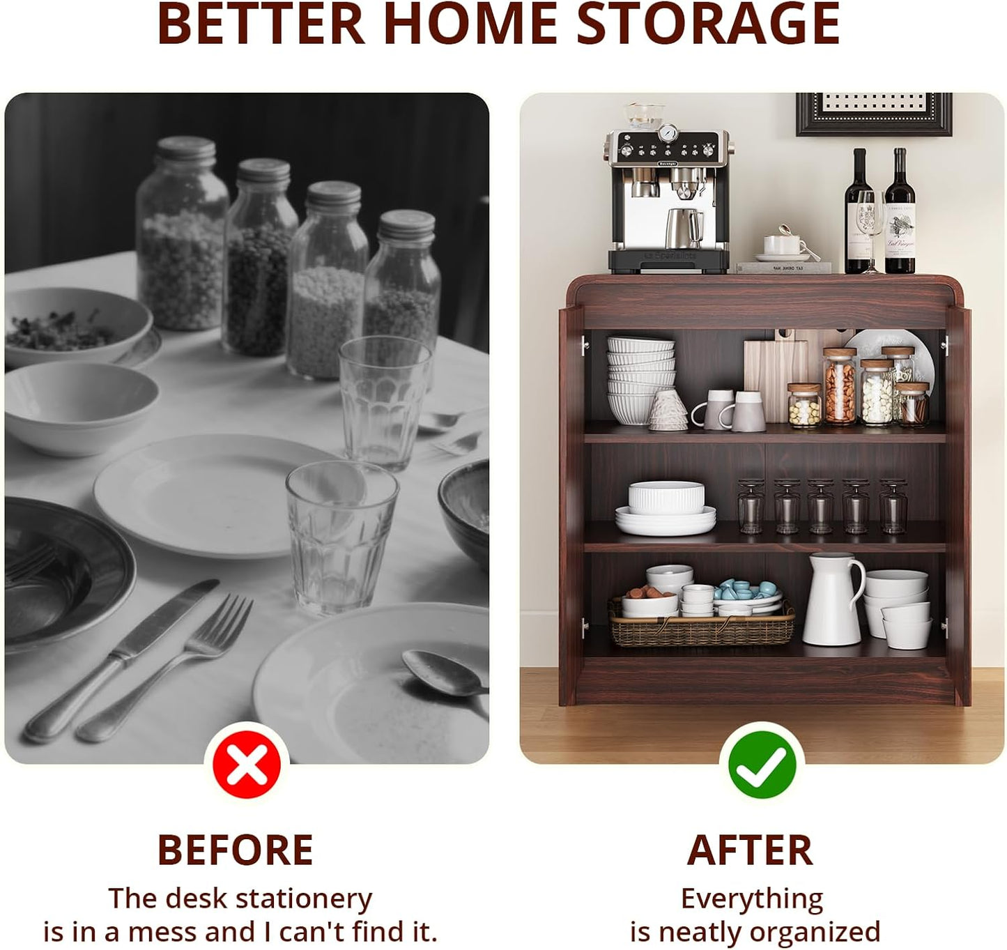 FURSUN Modern Fluted Sideboard Buffet Cabinet with Storage, Curved Design Wood Coffee Bar Cabinet with 2 Doors & Adjustable Shelves for Kitchen, Dining Room, Living Room, Dark Walnut