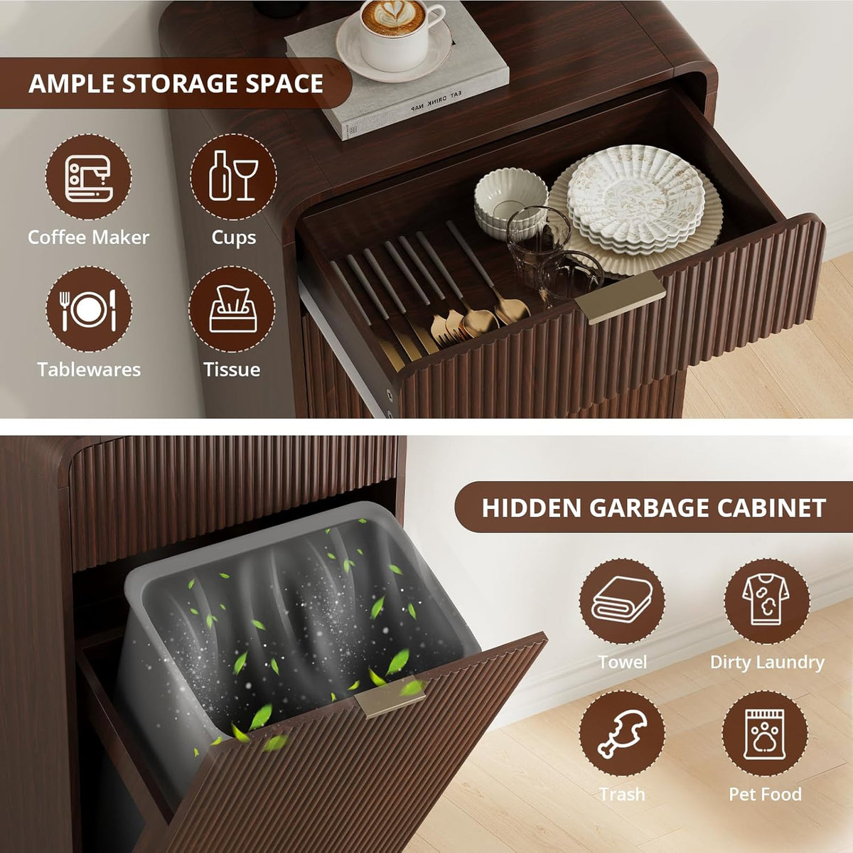 FURSUN 10 Gallons Tilt-Out Trash Can Cabinet, Fluted Laundry Hamper Cabinet with Drawers, Freestanding Pet Proof Hidden Garbage Recycling Cabinet for Kitchen, Living Room, Dark Walnut