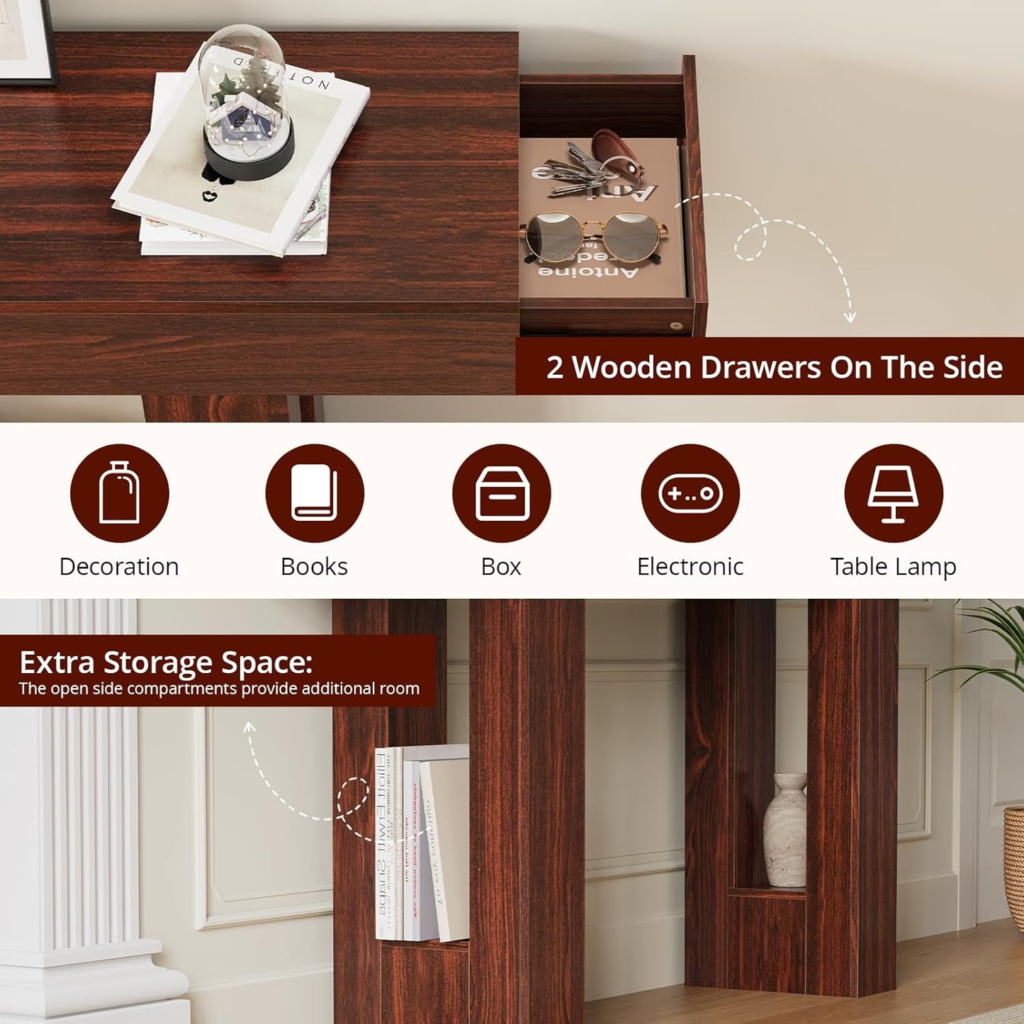 FURSUN 63-Inch Long Console Table with Storage, Wooden Narrow Sofa Table Behind Couch, Farmhouse Foyer Hallway Table for Living Room, Entrance (Dark Walnut)