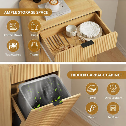 FURSUN 10 Gallons Tilt-Out Trash Can Cabinet, Fluted Laundry Hamper Cabinet with Drawers, Freestanding Pet Proof Hidden Garbage Recycling Cabinet for Kitchen, Living Room, Natural Oak