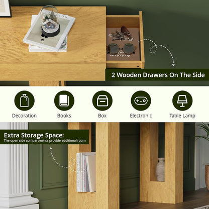 FURSUN 63-Inch Long Console Table with Storage, Wooden Narrow Sofa Table Behind Couch, Farmhouse Foyer Hallway Table for Living Room, Entrance (Natural Oak)