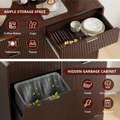 FURSUN 20 Gallons Tilt-Out Trash Can Cabinet, Fluted Laundry Hamper Cabinet with Drawers, Freestanding Pet Proof Hidden Garbage Recycling Cabinet for Kitchen, Living Room, Dark Walnut